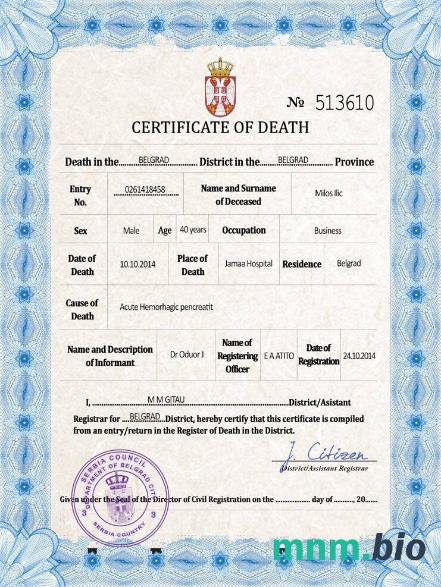 Serbia śmierć certyfikat PSD szablon